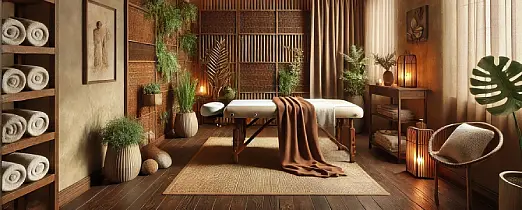 Interior de un spa con velas, piedras calientes y toallas enrolladas sobre madera natural